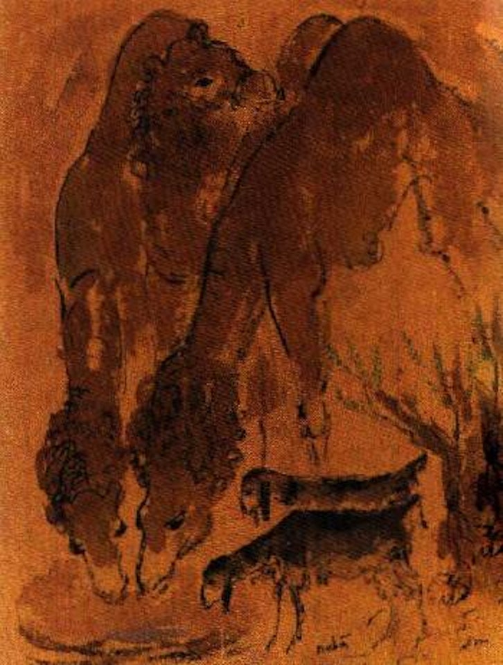 Camels and goats at pond by Reuven Rubin