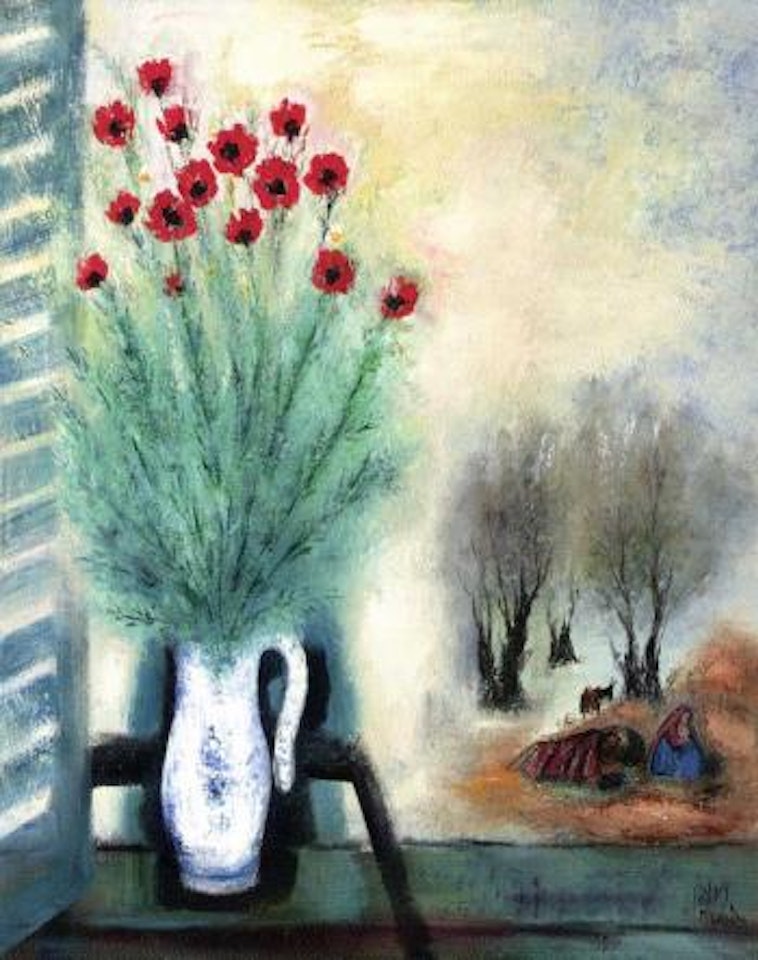 Bouquet of flowers at open window by Reuven Rubin