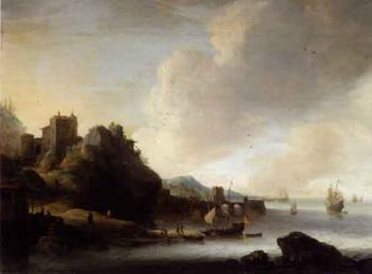 Coastal landscape with figures before port by Jan Abrahamsz. Beerstraten