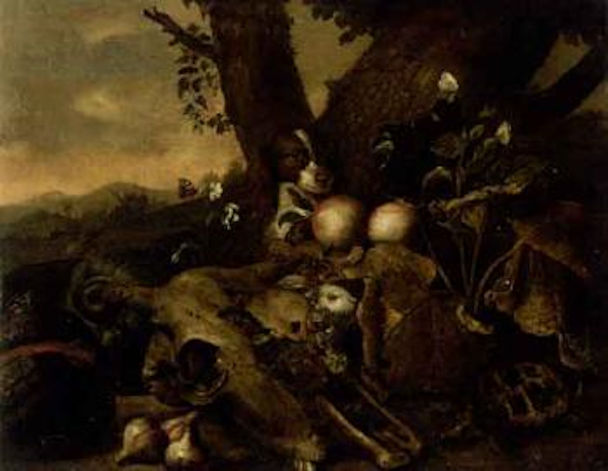 Landscape with spaniel, rabbit and tortoise by Dutch School