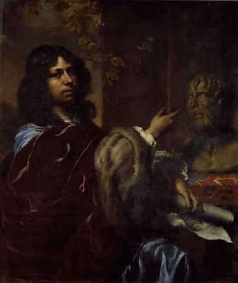 Portrait of man in blue tunic and red fur-lined mantle by French School