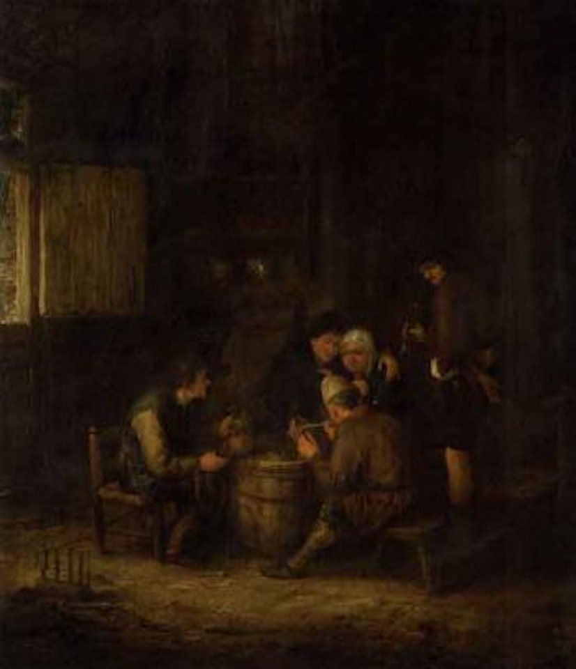 Interior with peasants around cask by Adriaen van Ostade