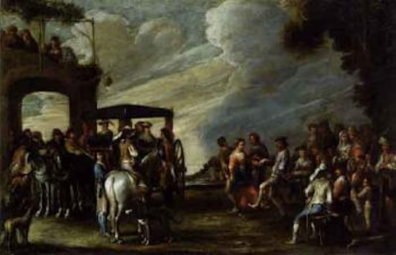Landscape with ladies descending from carriage by Cornelis de Wael