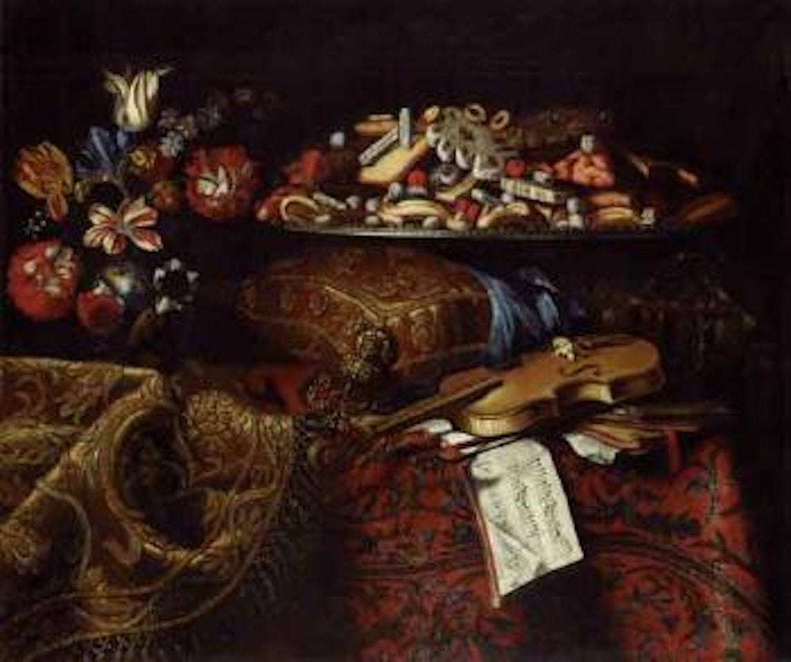 Still life with cushion, flowers and violin by Roman School