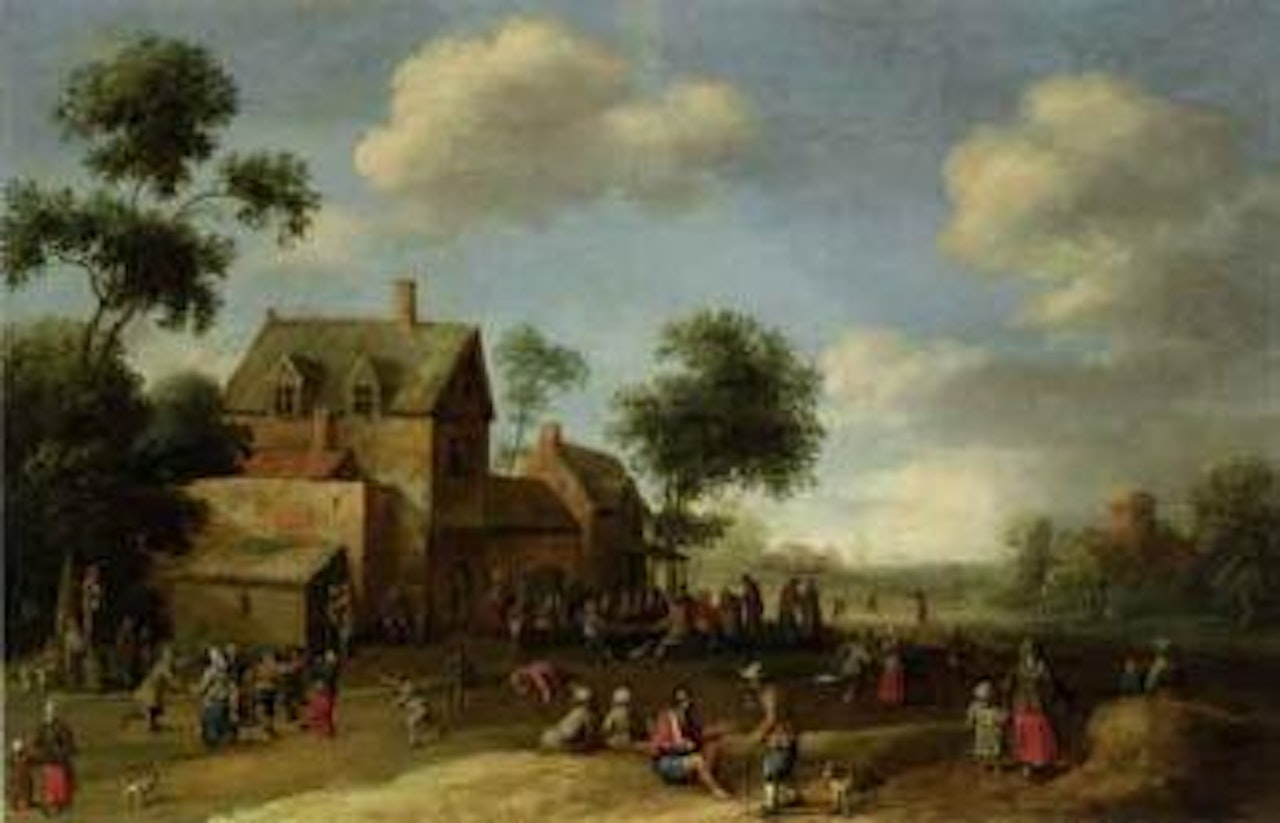 Village scene with figures by Joost Cornelisz Droochsloot