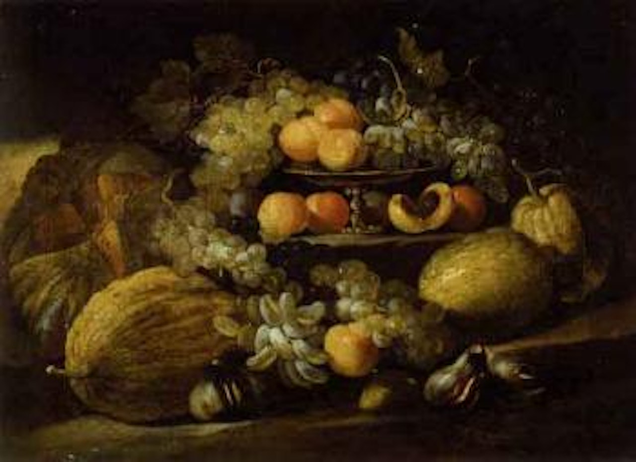 Still life of fruit on stone steps by Abraham Brueghel