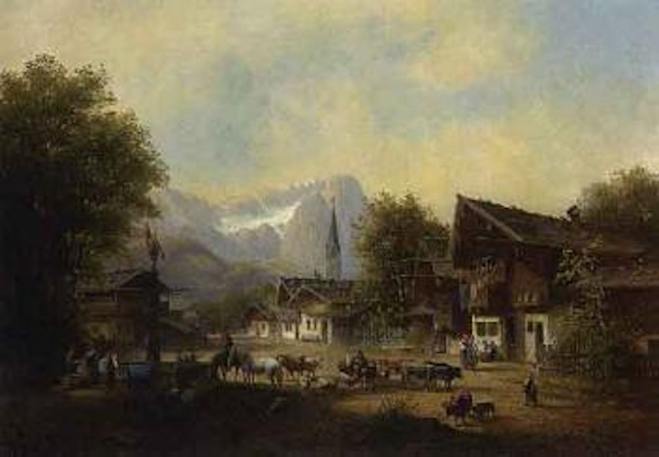 Partenkirchen - Floriansplatz with Zugspitz beyond by Anton Doll