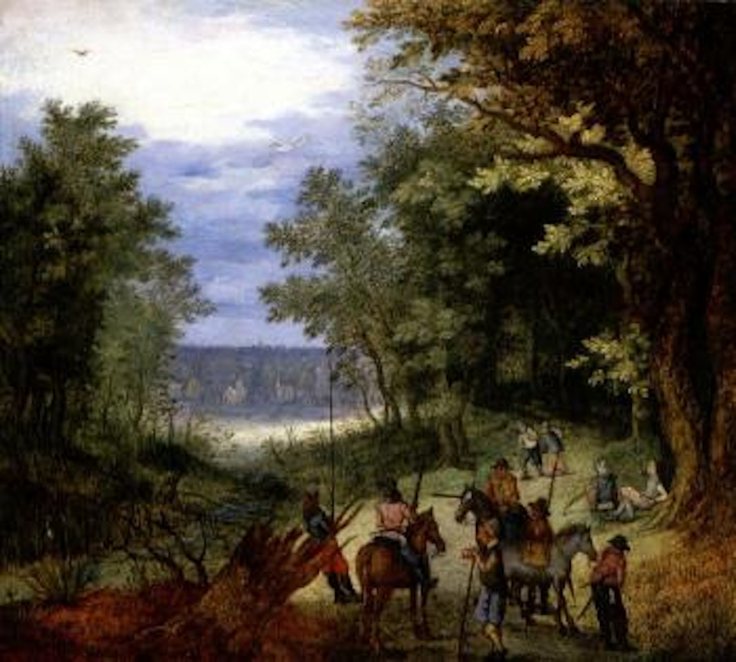 Wooded landscape with soldiers restng on path by Jan Brueghel the Younger