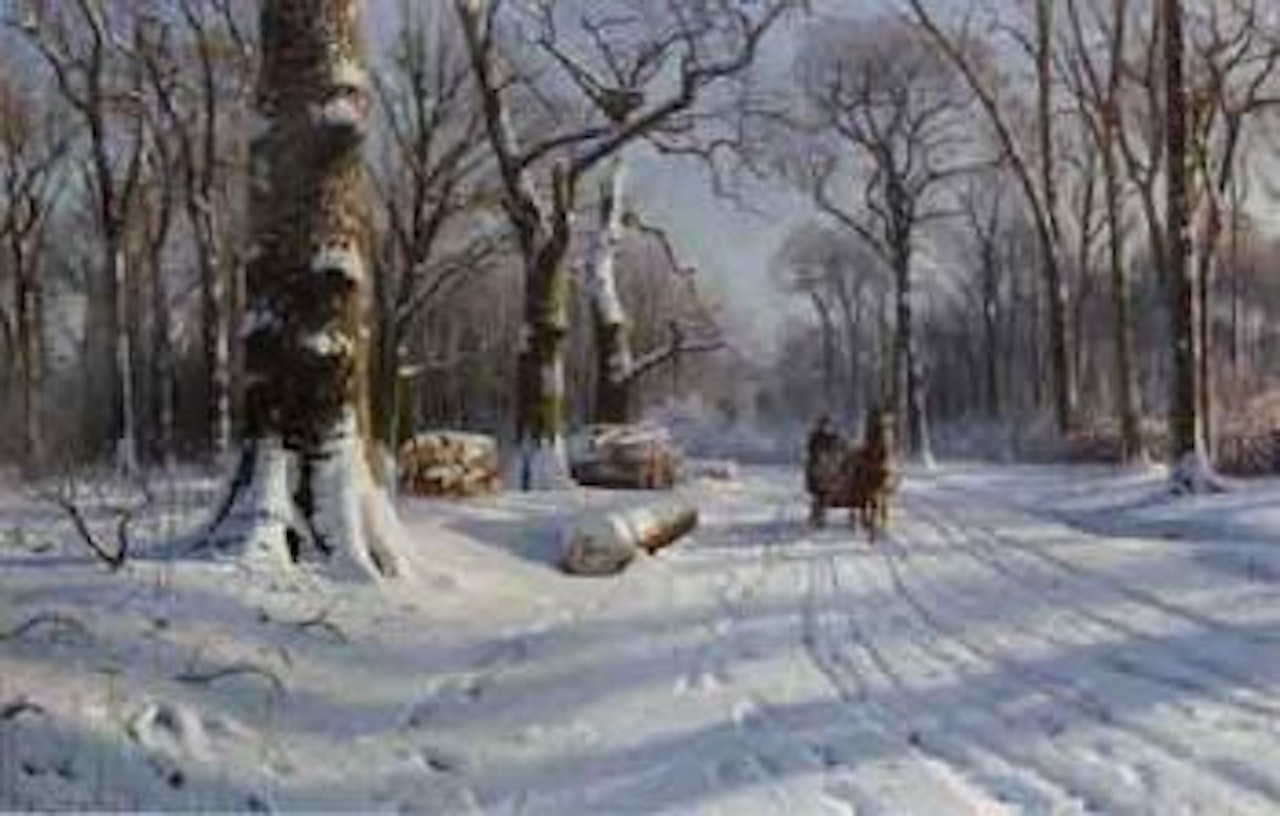 Winter landscape with horse and sleigh by country road by Peder Mork Monsted