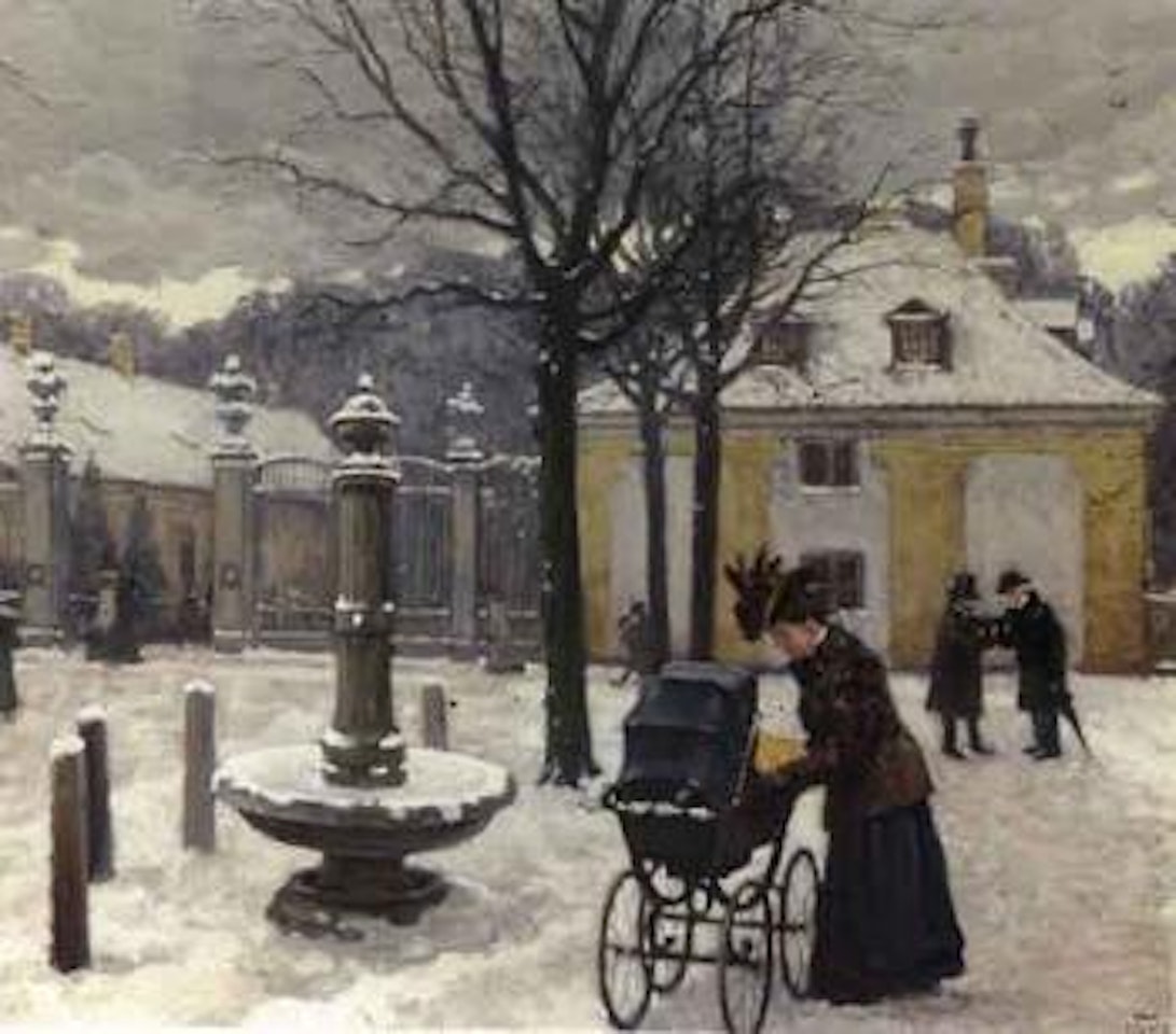 Entrance to Frederiksberg Gardens with mother and baby in pram by Paul Fischer