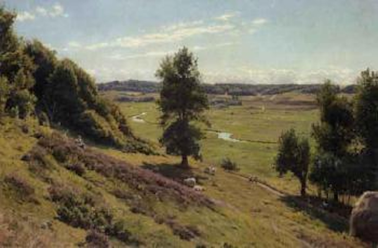 Valley with stream, heather hills, children, chickens and sheep by Peder Mork Monsted
