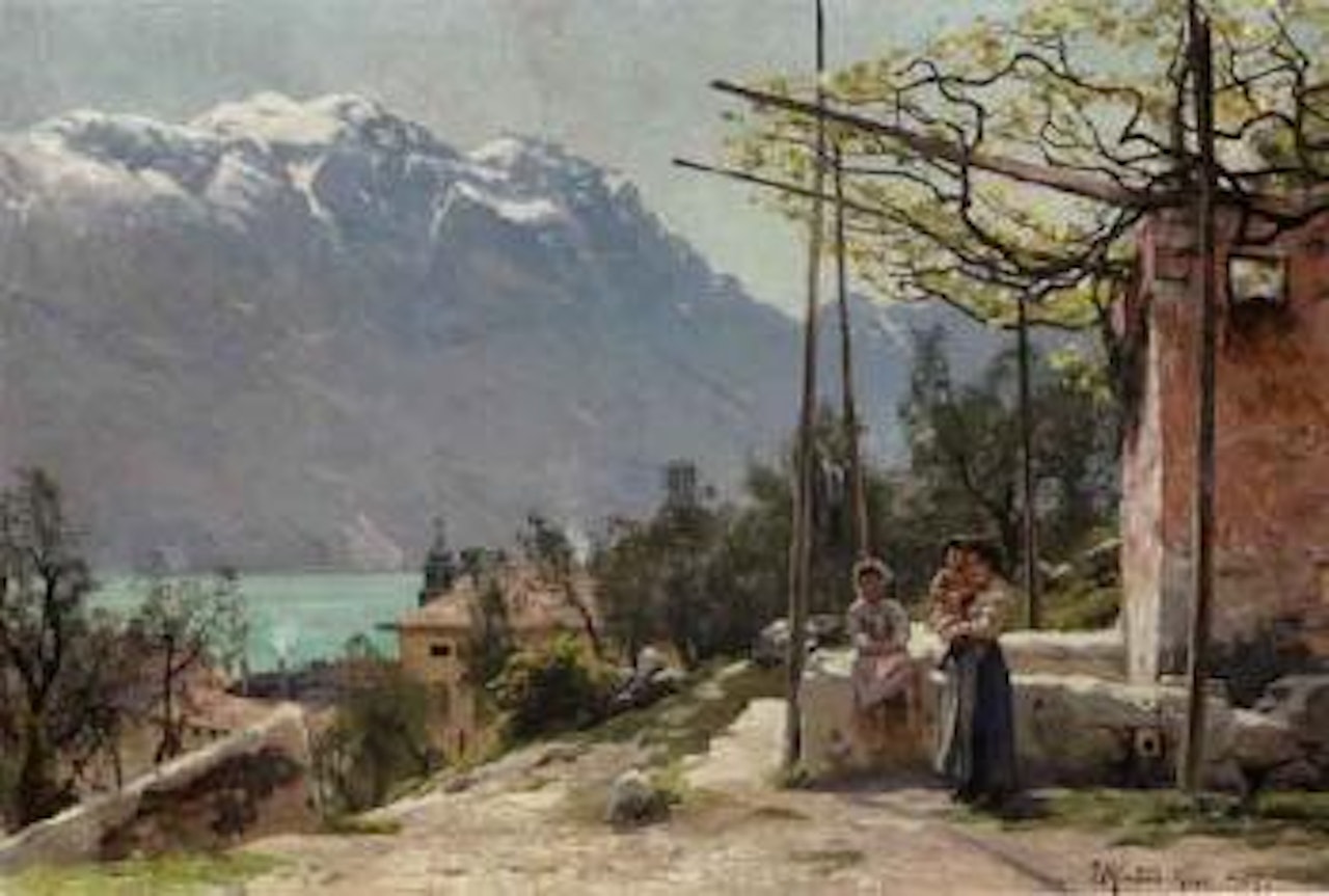 View from Riva by Lake Garda with mother and small girls by Peder Mork Monsted