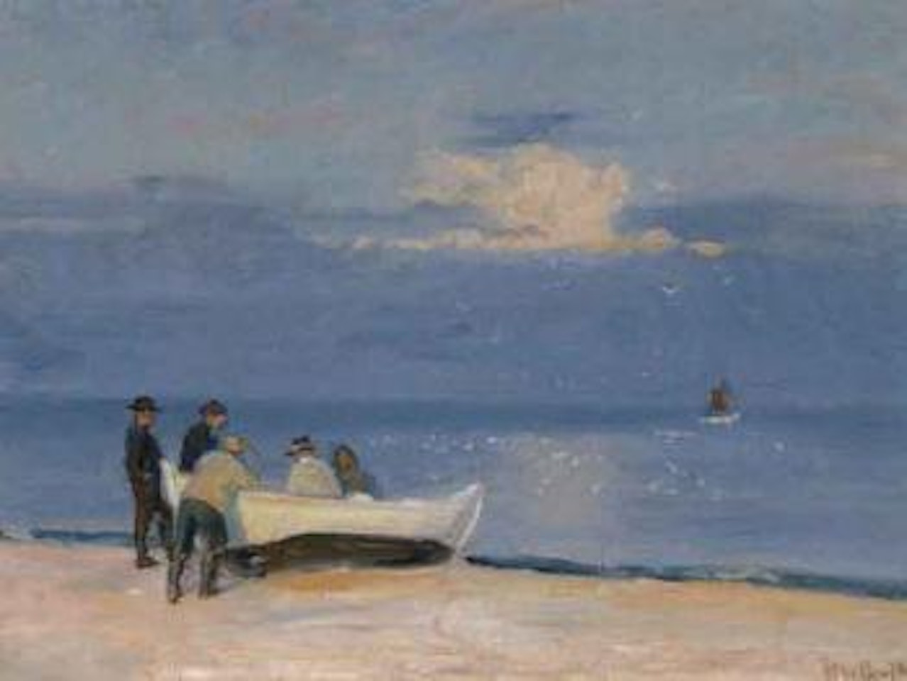 Fishermen by beached boat by Michael Ancher