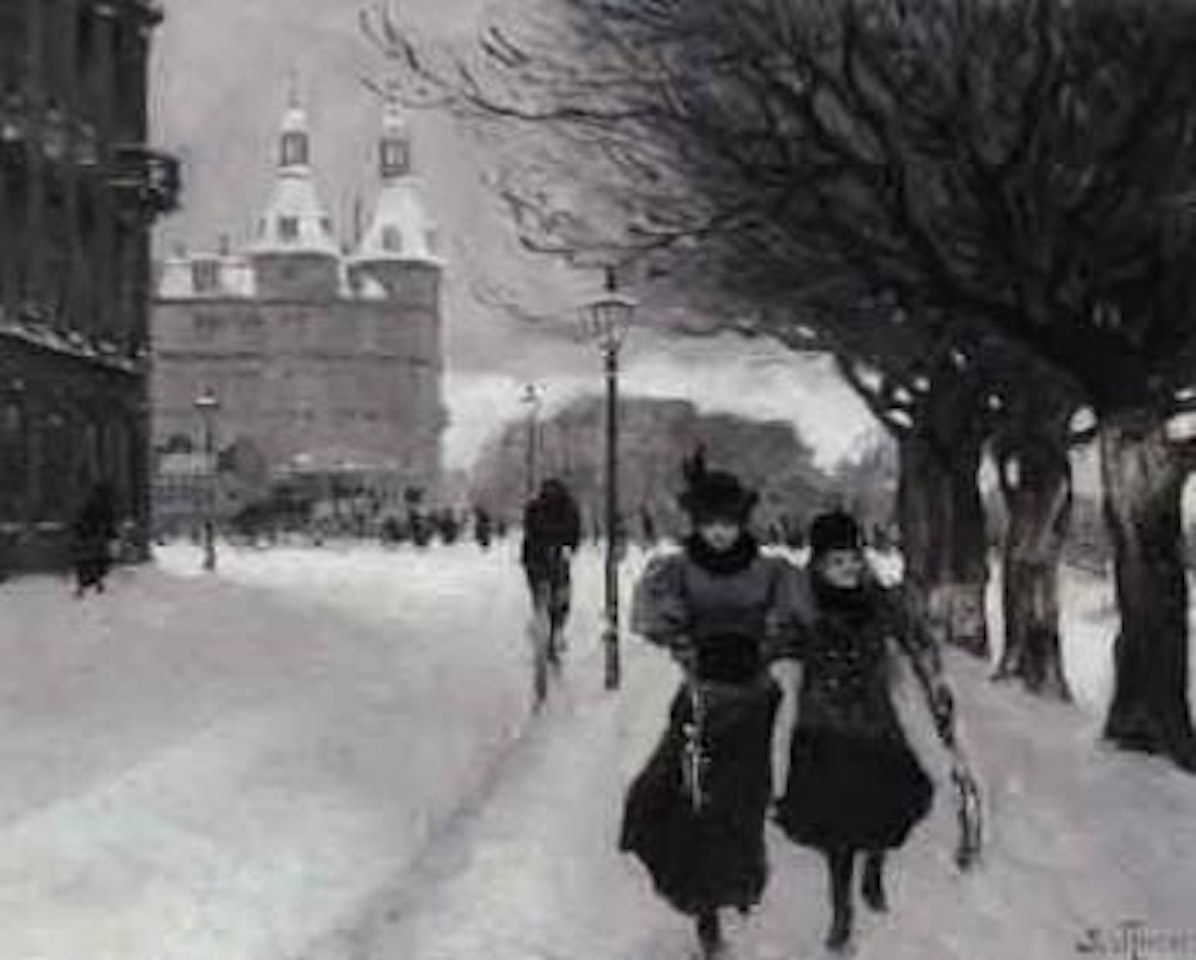 Mother and daughter walking in winter carrying skates by Paul Fischer