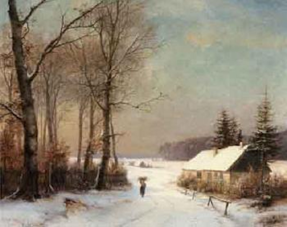 Woman carrying fagots on the way home in winter by Anders Andersen-Lundby