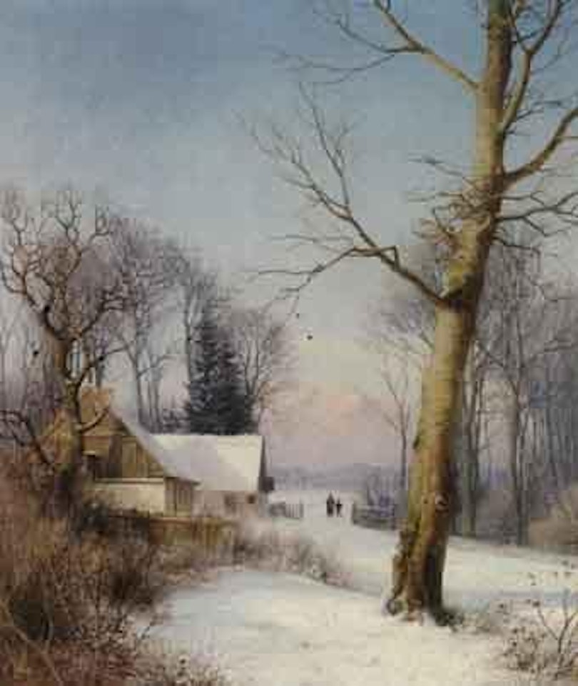 Sunshine in winter with woman and boy outside farmhouse by Anders Andersen-Lundby