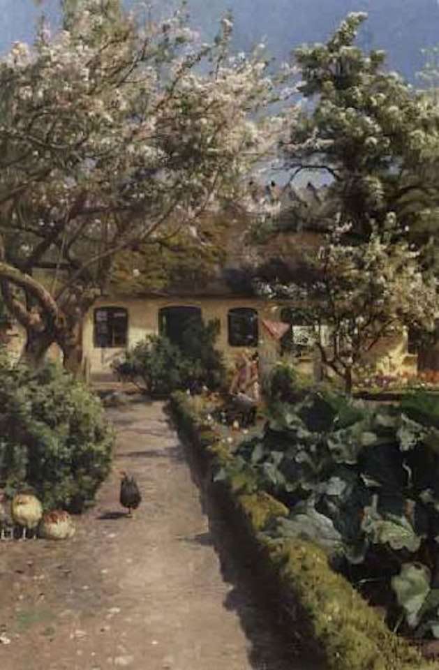 Old farmhouse with small girl watering flowers by Peder Mork Monsted
