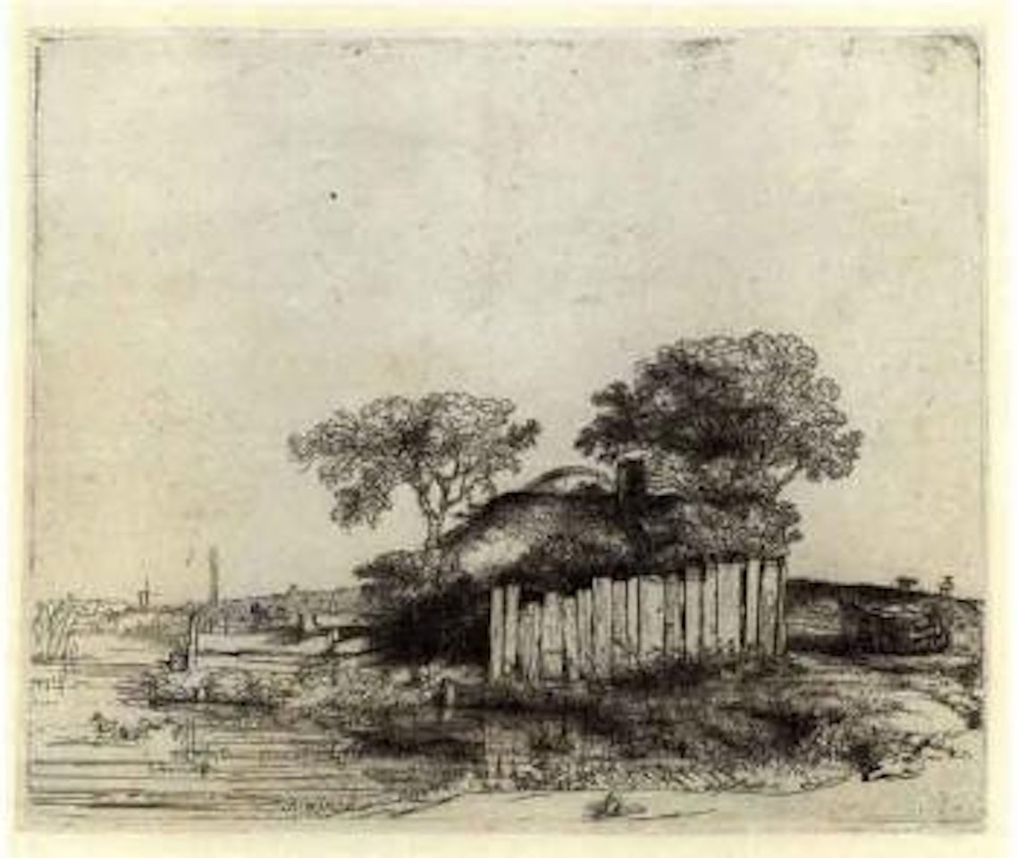 Cottage with a white fence by Attributed to Rembrandt Harmensz van Rijn