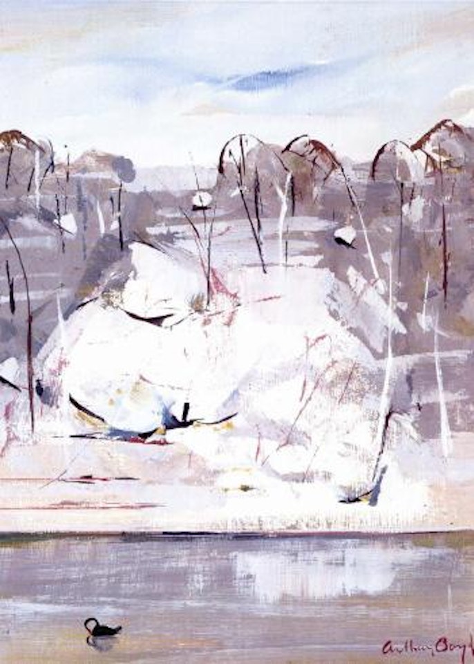 Shoalhaven River with black swan by Arthur Merric Bloomfield Boyd