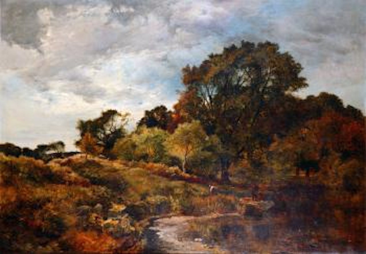 Autumnal landscape with figures fishing from a rowing boat by Sidney Richard Percy