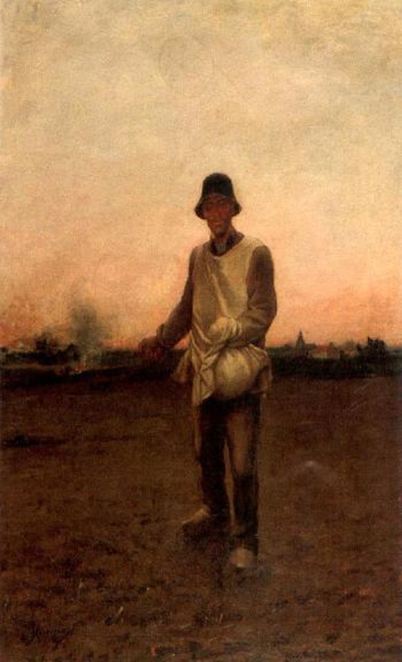 Sowing seed at dusk by Constantin Meunier