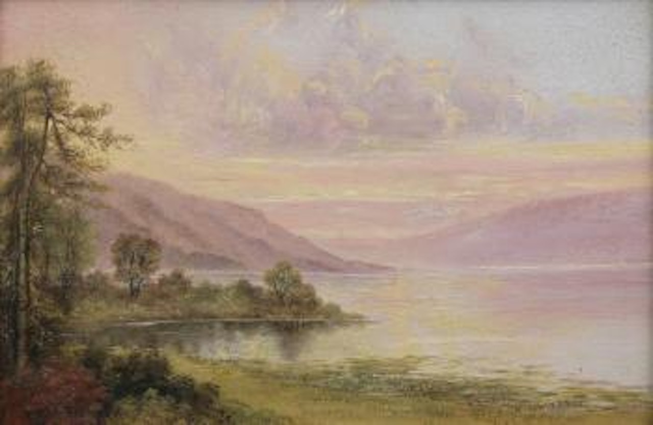 Hudson River landscape of a sunrise with an atmospheric perspective by William Trost Richards