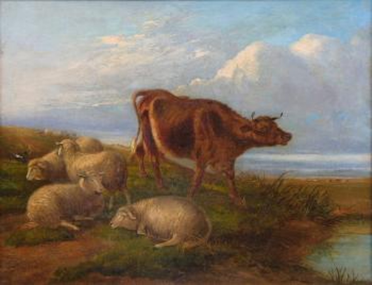 Cow and four sheep by Thomas Sidney Cooper