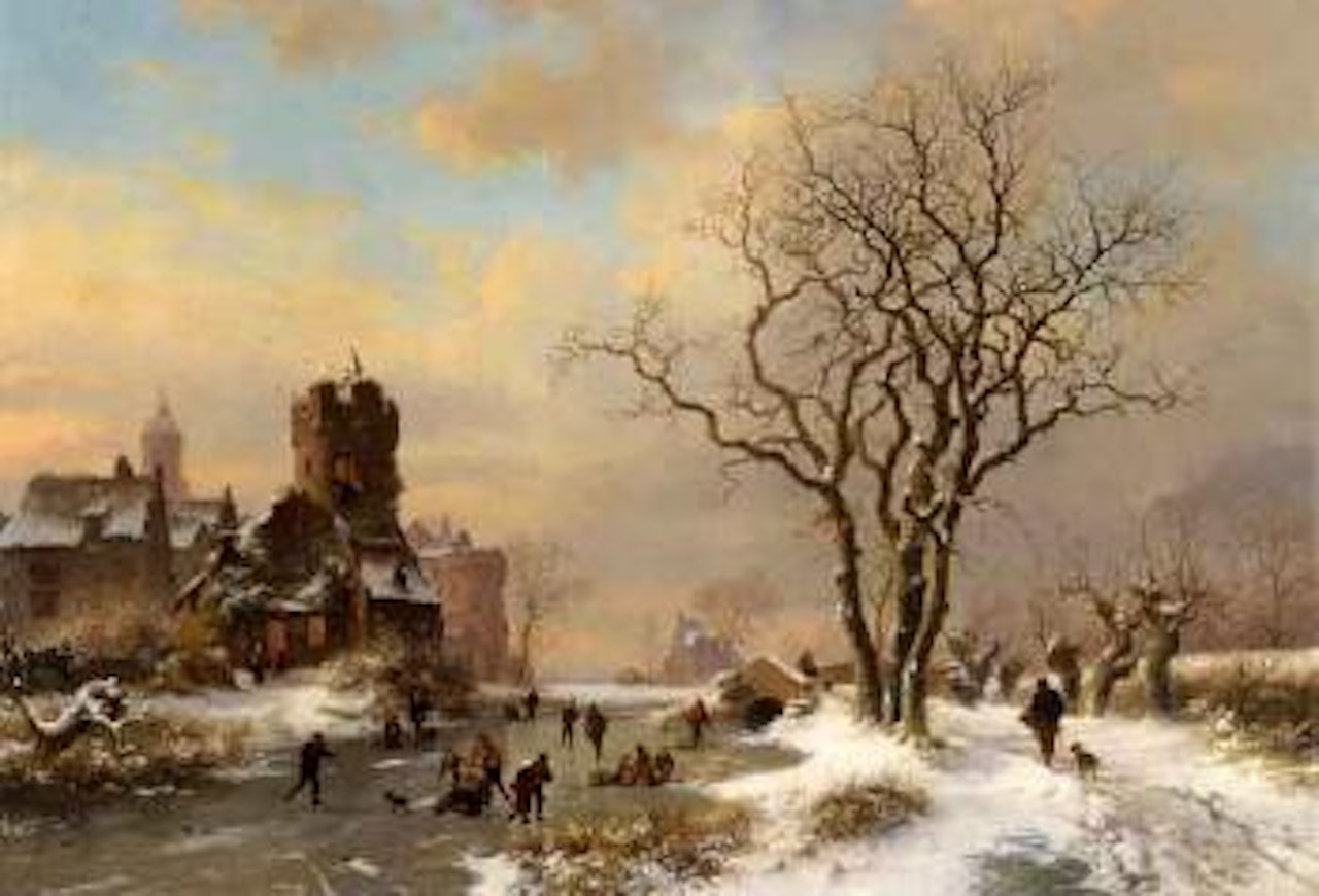 A winter landscape with ice amusements near a city by Fredrik Marinus Kruseman