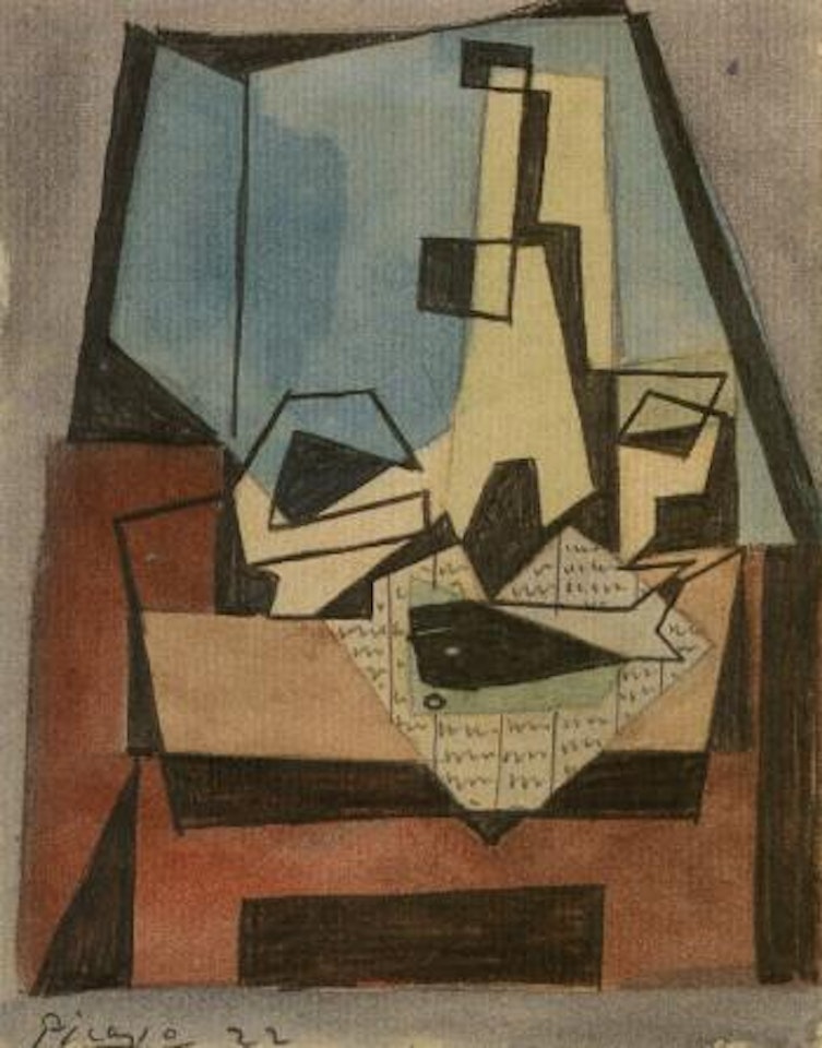 Verre, bouteille, poisson sur un journal by Pablo Picasso