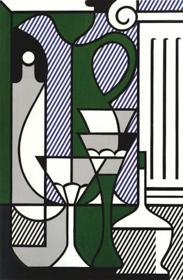 Purist painting with pitcher, glass and classical column by Roy Lichtenstein