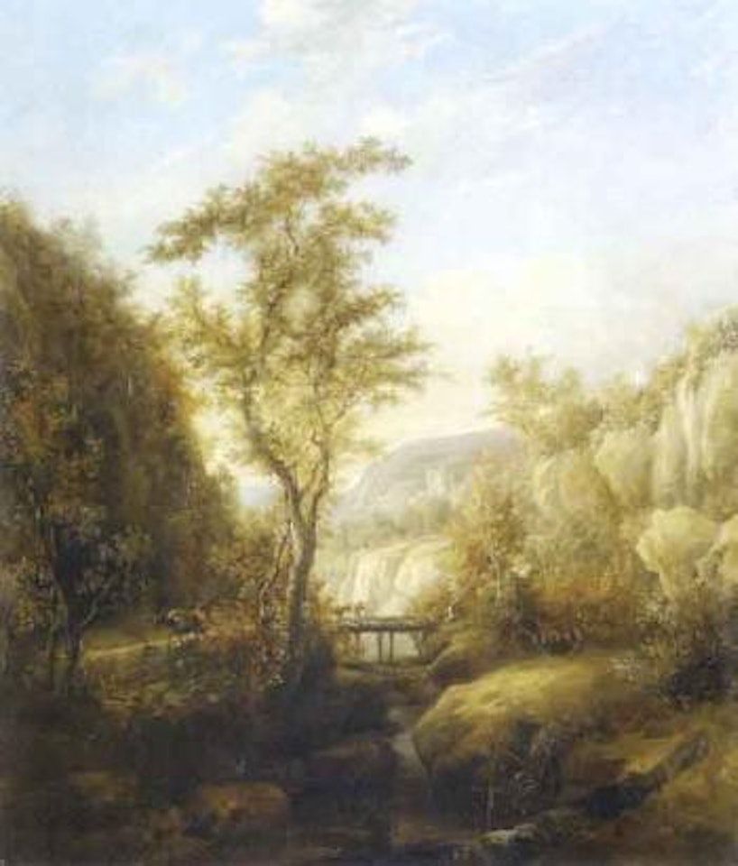 Rocky landscape with bridge and travellers by Jan Both