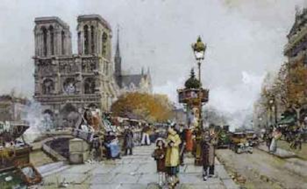 Notre Dame, paris seen from the Quain Saint Michel by Eugene Galien-Laloue