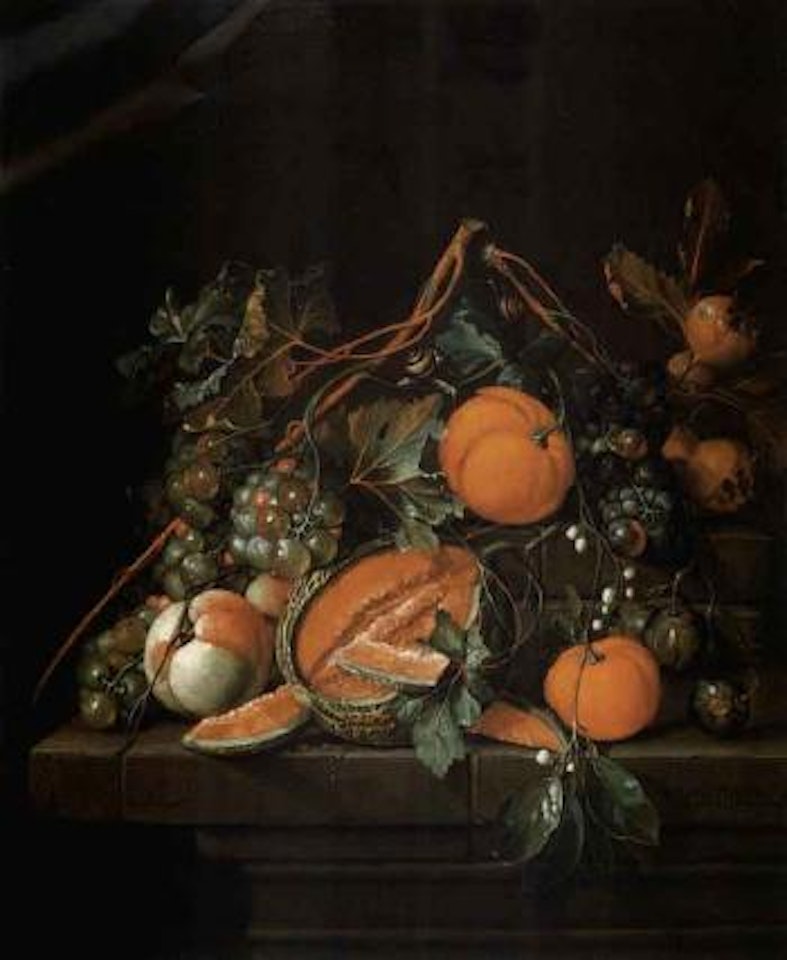 Still life of fruit on stone table by Cornelis de Heem