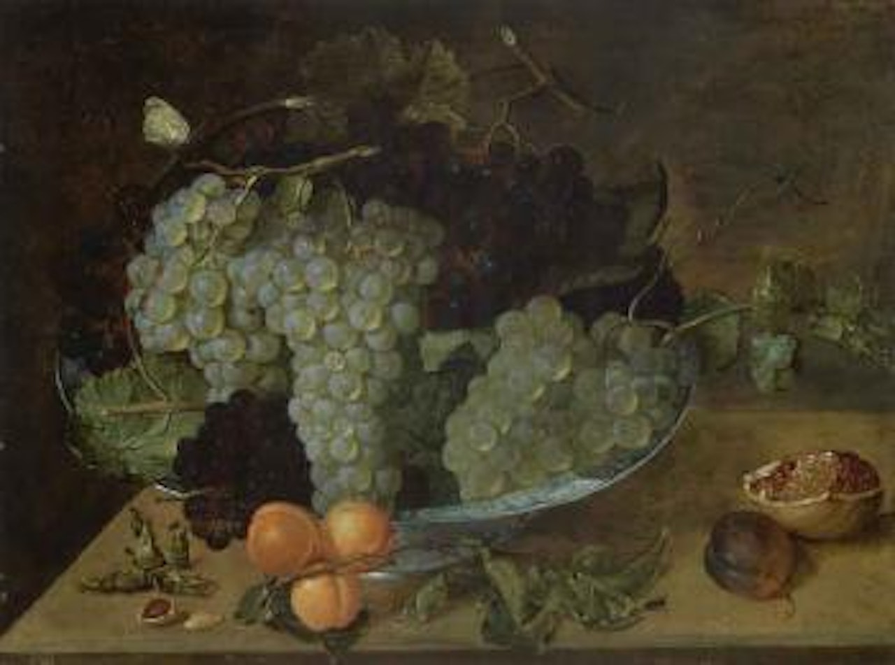 Grapes on plate with peach twig by Isaak Soreau