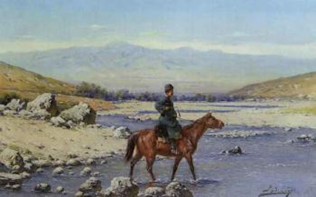 Cossack rider in extensive landscape by Richard Karlovich Zommer