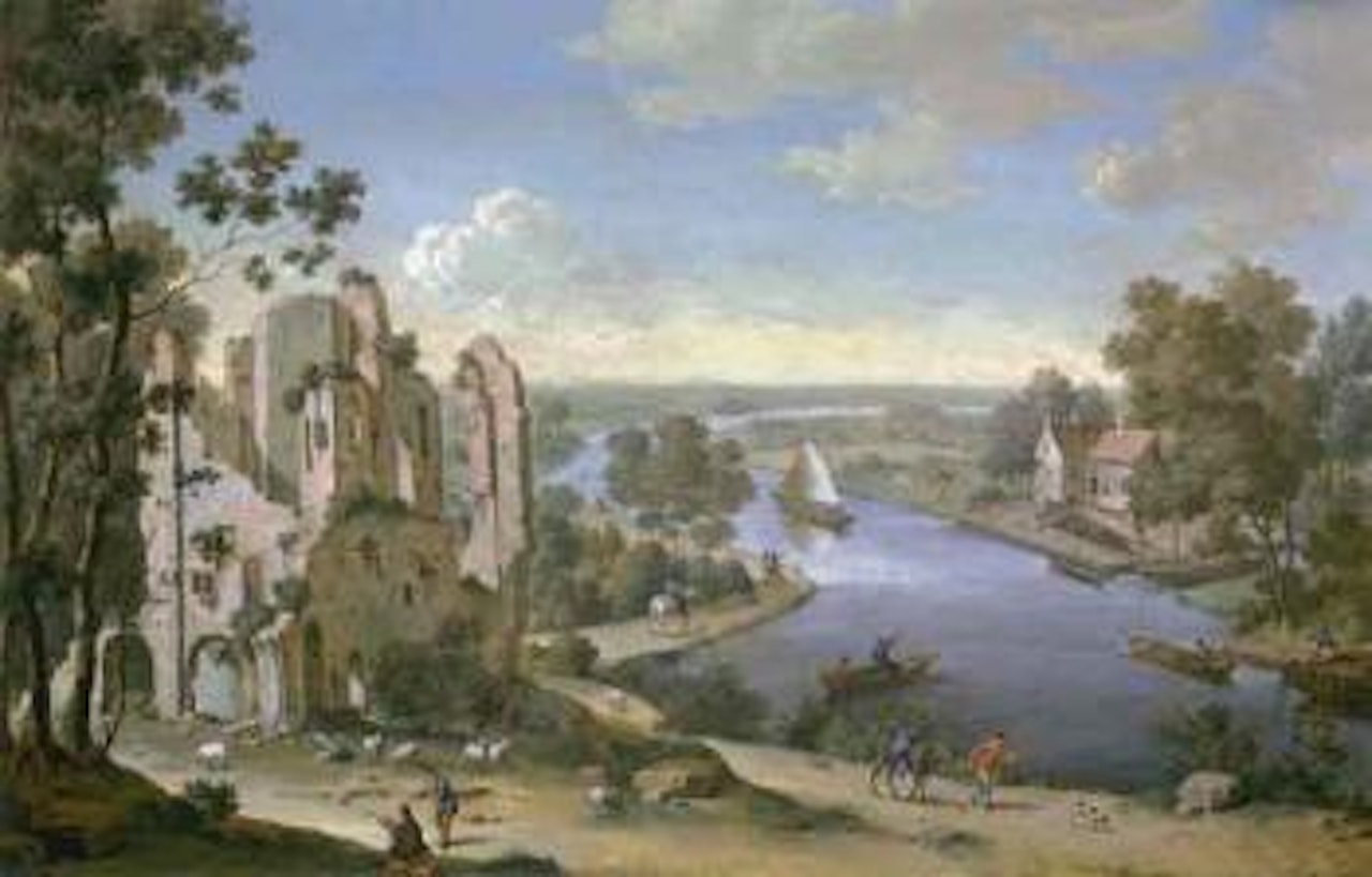 River landscape with boats and ruins by Willem van Mieris