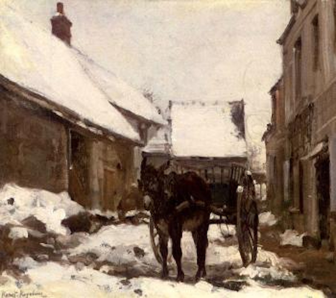 A donkey and cart at a farmhouse in winter by Konstantin Alekseevich Korovin