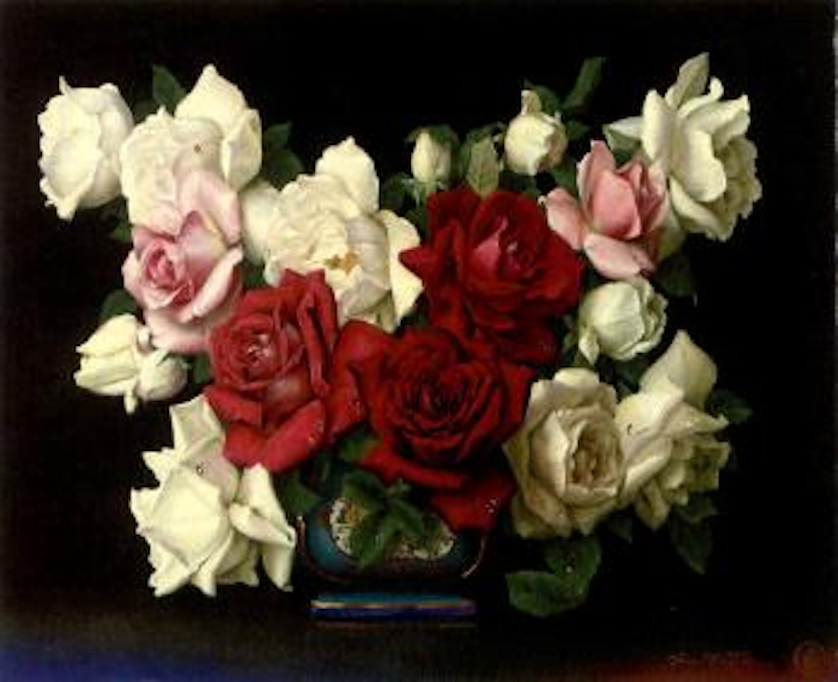 White, pink and red roses in a decorated vase by Irene Klestova