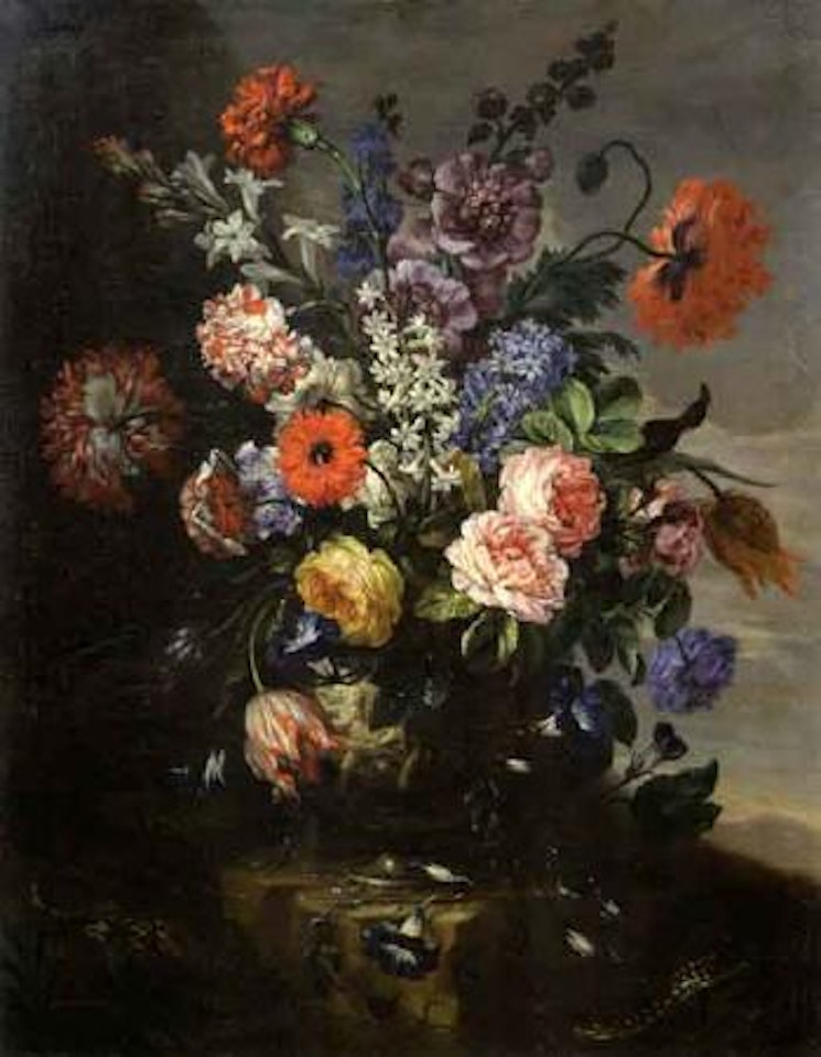 Blumenstuck mit Blick in eine weite Landschaft by Franz Werner von Tamm