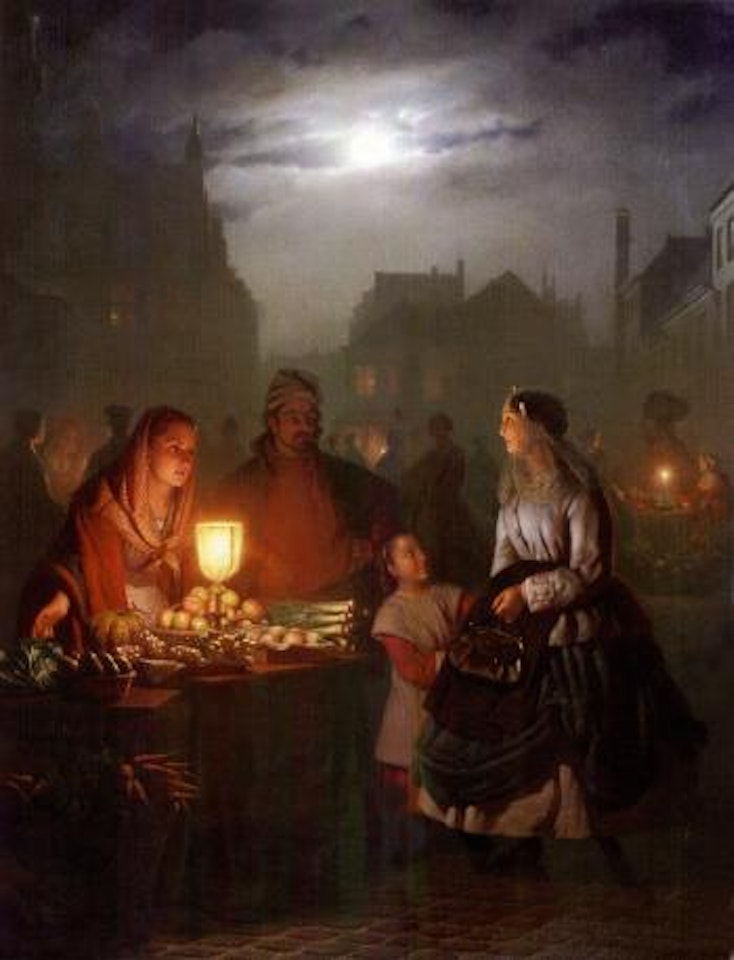 Vegetable market by night on the Groenmarkt, The Hague by Petrus van Schendel