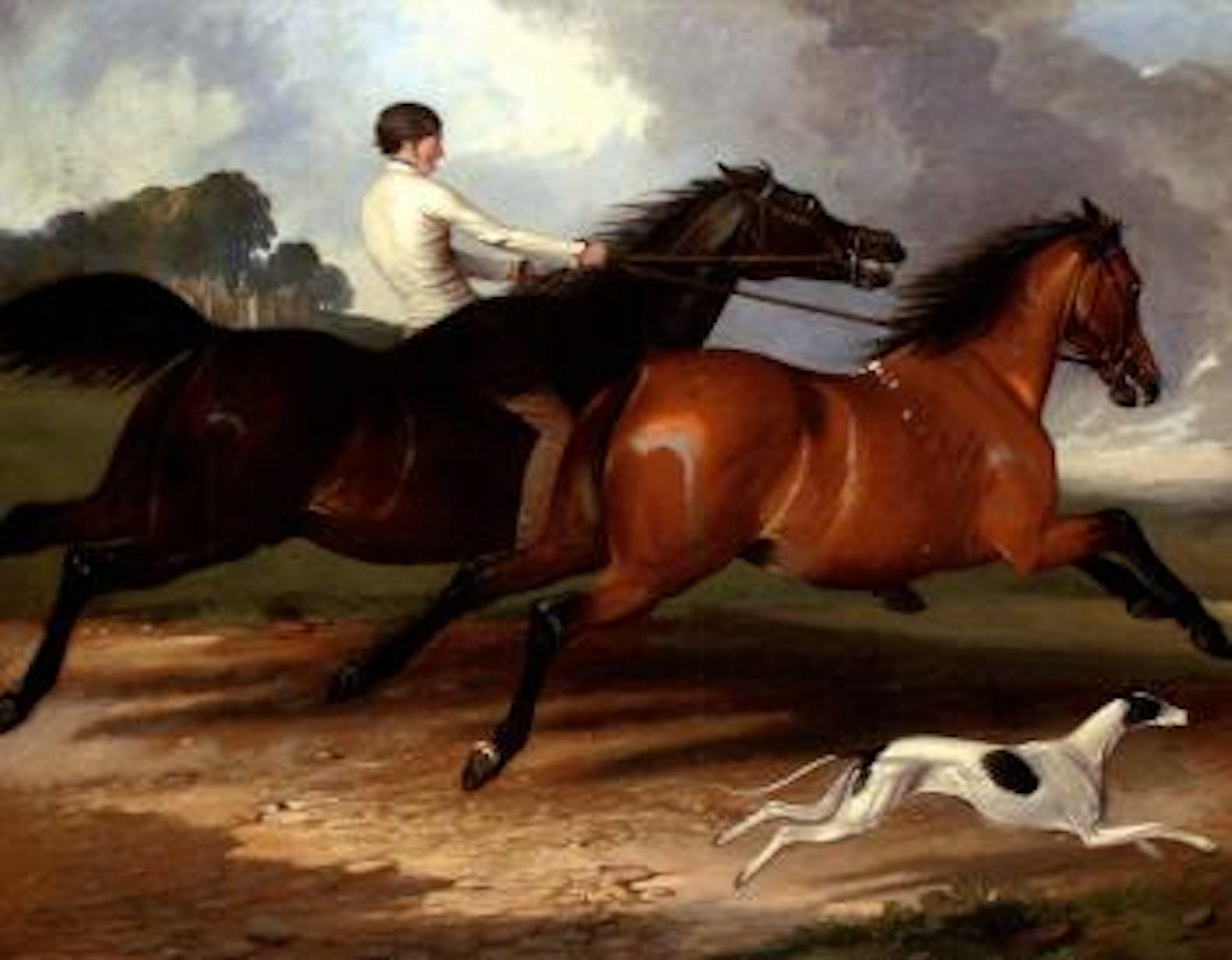 Young man exercising horses and a greyhound in a landscape by Alfred de Dreux