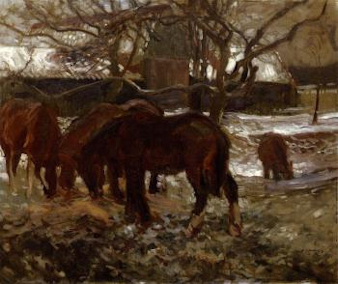Horses feeding in the snow by Alfred James Munnings