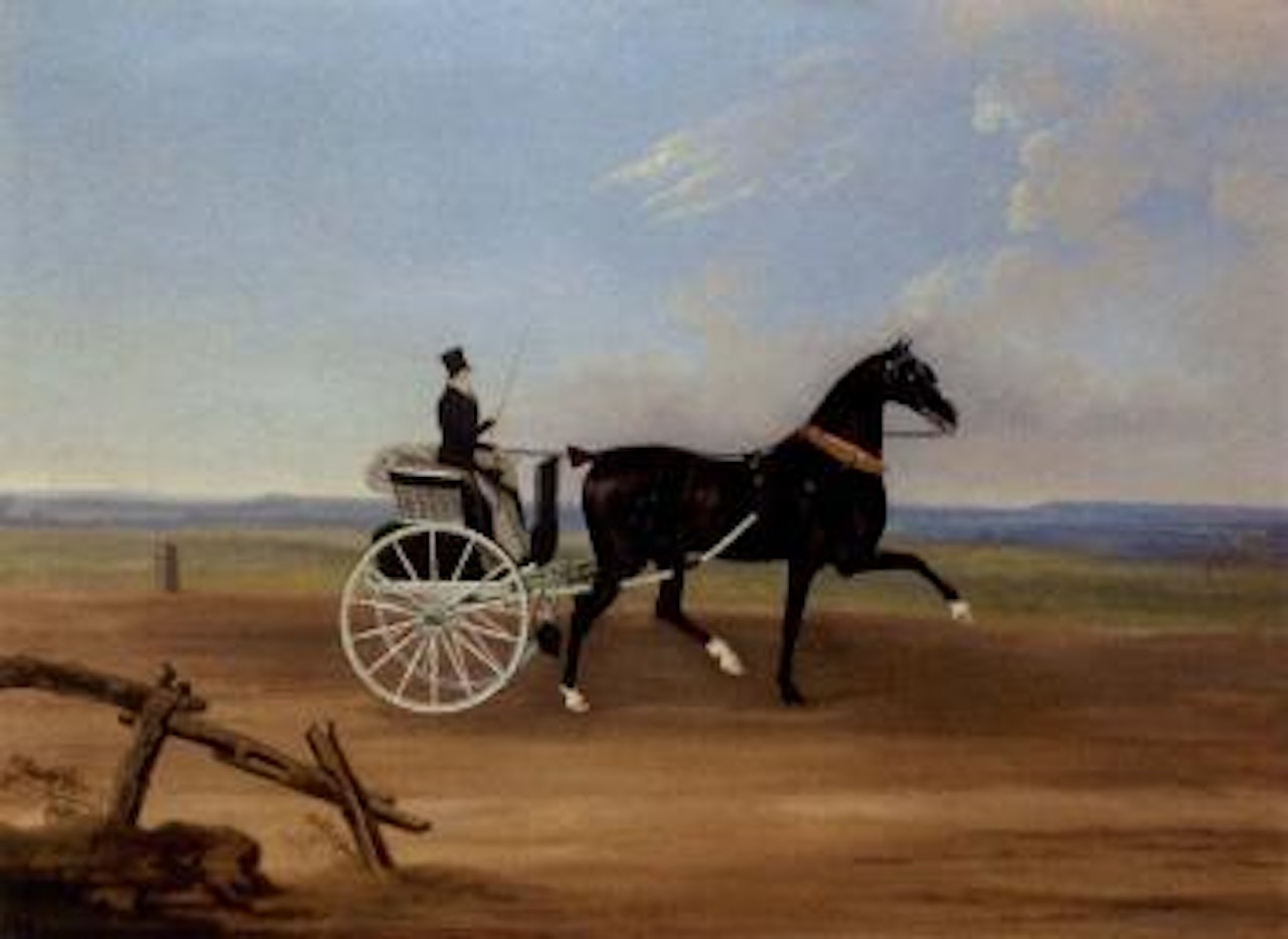 Horse-drawn gig in a landscape. Horse-drawn gig in country house grounds by English School