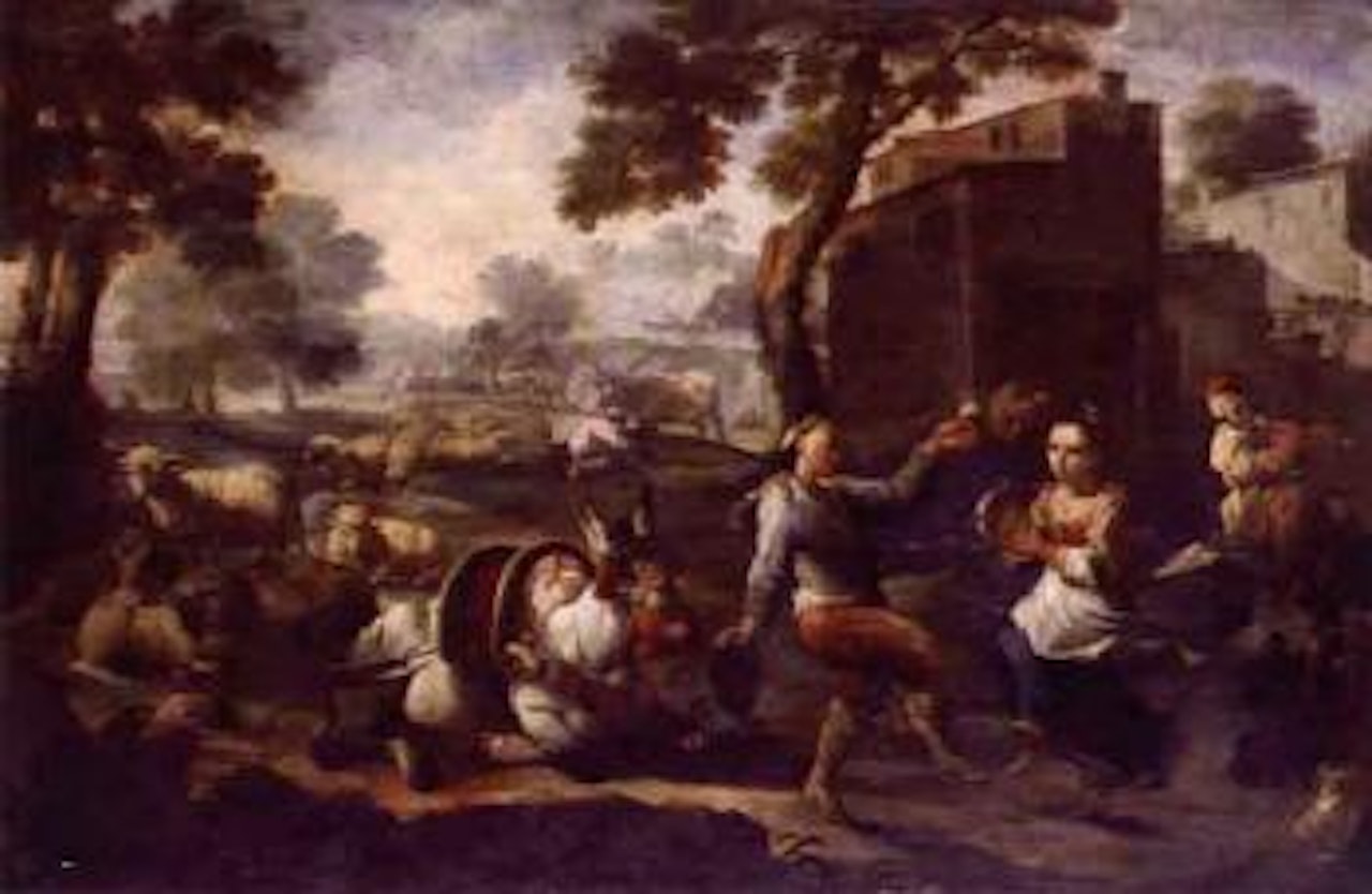 Pastoral landscape with a shepherd and shepherdess dancing by BOLOGNESE SCHOOL