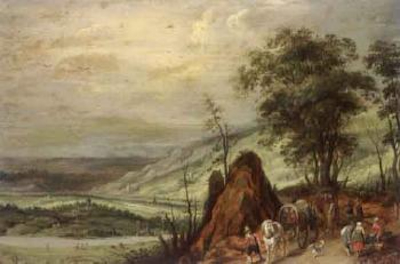 Extensive landscape with waggoners in the foreground by Joos de Momper the Younger