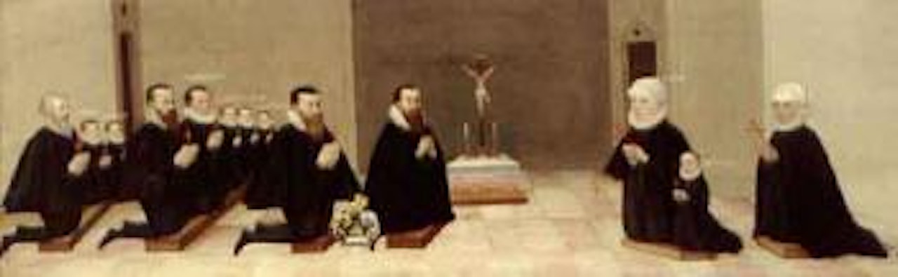 Portrait of a family kneeling before an altar by German School