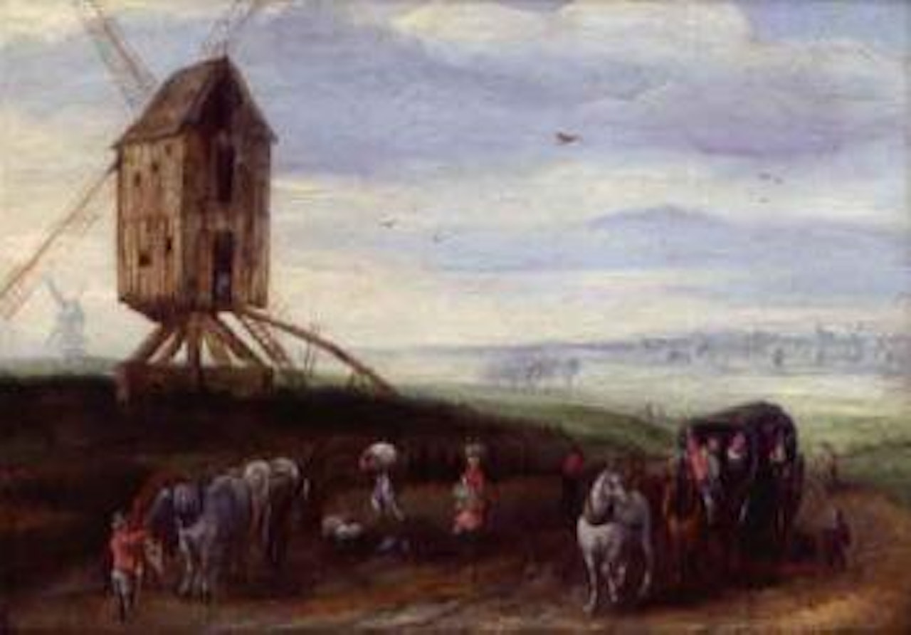 Landscape with waggoners on a road beside a windmill by Jan Brueghel the Younger