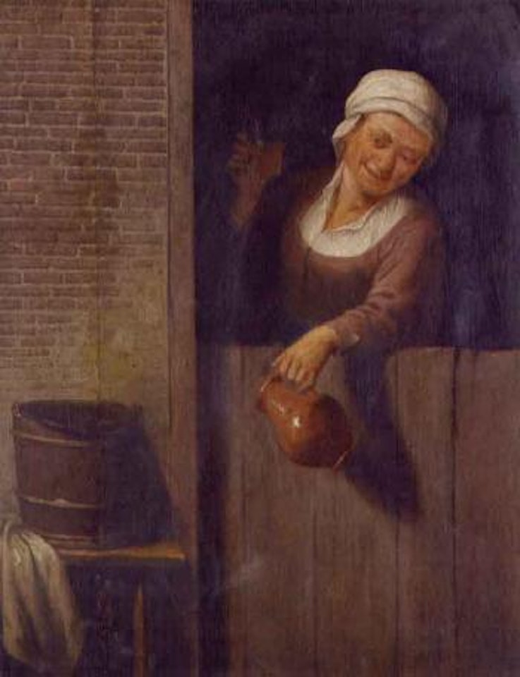 An old lady at a window holding a pitcher and a glass of ale by Adriaen van Ostade