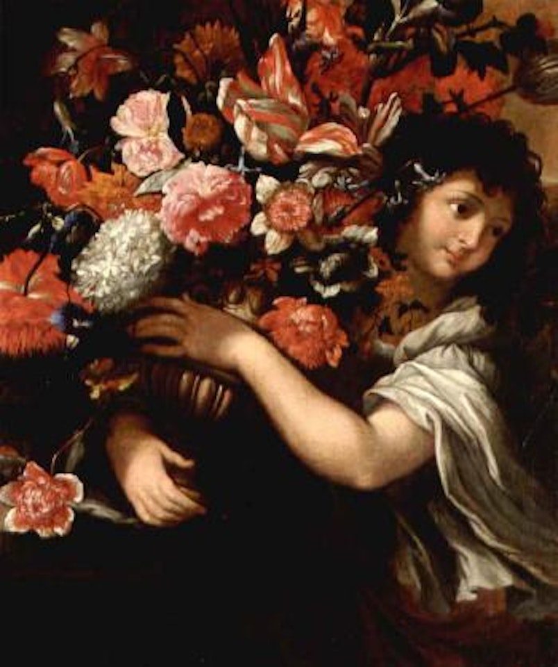 Still life with a young boy holding a bouquet of flowers in a bronze urn by Roman School