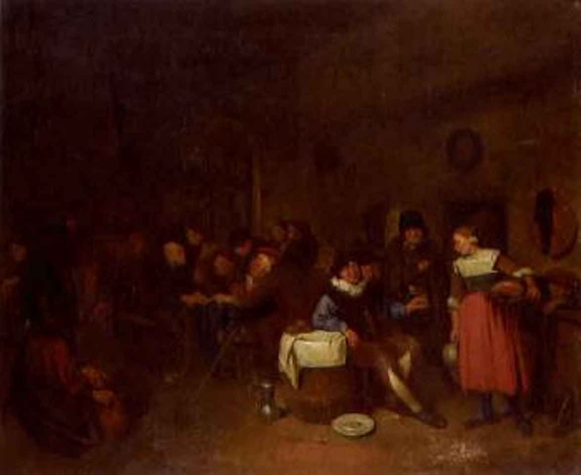 Tavern interior with Boors playing cards by Egbert van Heemskerk III